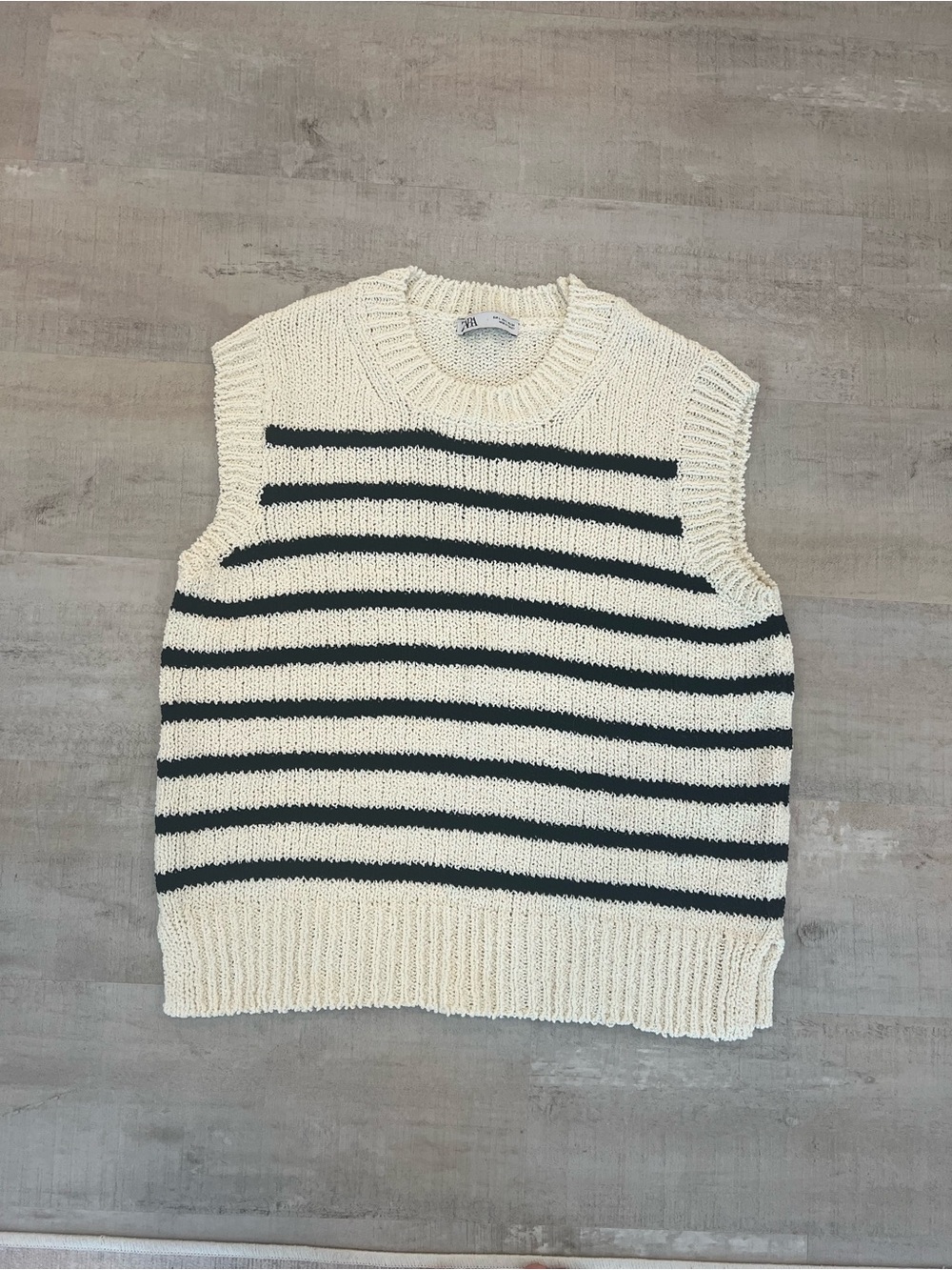 Zara Cream & Black Striped Crewneck Sweater Vest